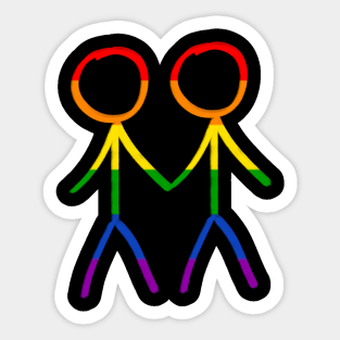 Stick figure drawing of two gay men holding hand, in rainbow colors for pride Sticker